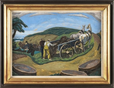 ROSS E. MOFFETT (Massachusetts/California/Iowa, 1888-1971), "Potato Farming in the Dunes"., Oil on