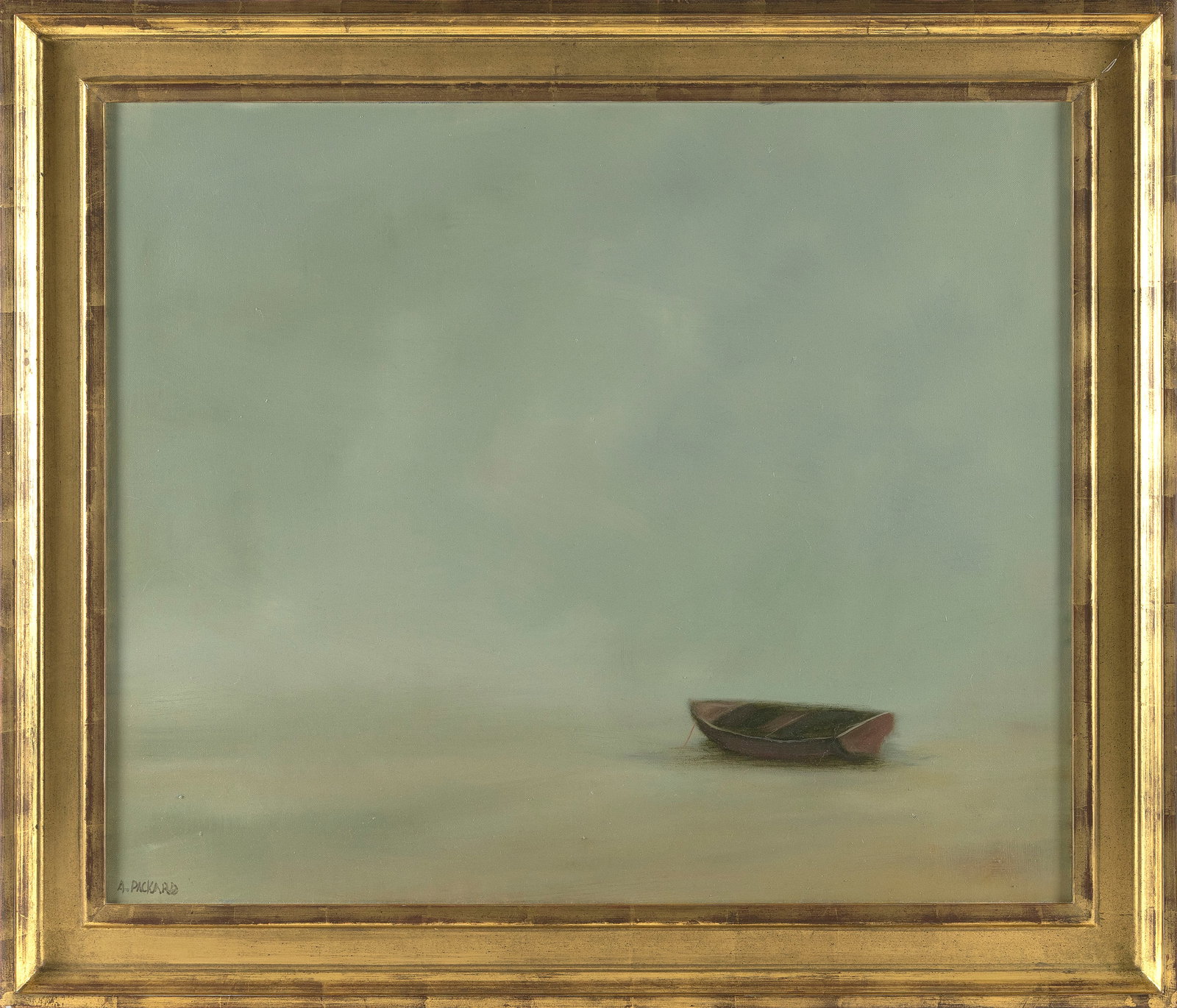 ANNE PACKARD (Massachusetts/New Jersey, 1933-), Red dory., Oil on canvas, 25" x 30". Framed 30" x: ANNE PACKARDMassachusetts/New Jersey, 1933-Red dory. Signed lower left "Packard". Housed in a Guido 22/23kt gold leaf frame.Oil on canvas, 25" x 30". Framed 30" x 36".