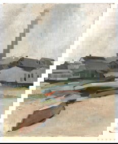 PROVINCETOWN SCHOOL (Circa 1930,), View of the Pilgrim Monument from the beach., Oil on masonite,