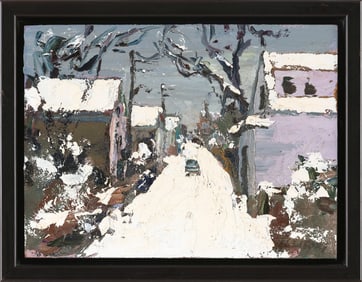 NANCY WHORF (Massachusetts/Florida, 1930-2009), Provincetown street scene, winter., Oil on panel, 9"