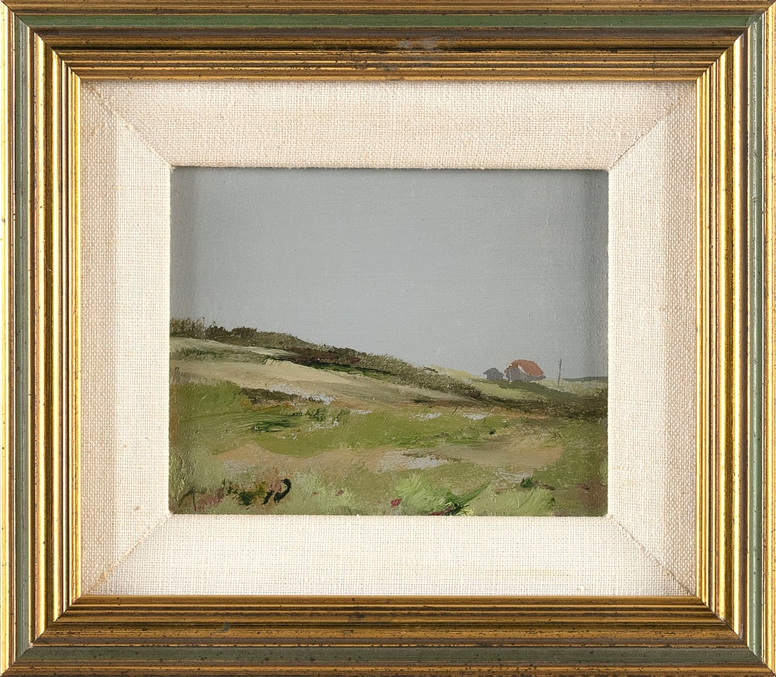 ANNE PACKARD (Massachusetts/New Jersey, 1933-), Truro landscape with cottage., Oil on board, 4" x: ANNE PACKARDMassachusetts/New Jersey, 1933-Truro landscape with cottage. Signed lower left "A. Packard". Signed again verso.Oil on board, 4" x 5". Framed 7" x 8".