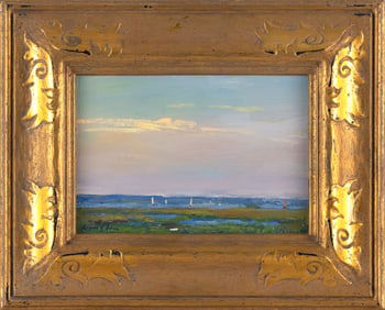 KEVIN J. SHEA (Massachusetts, Contemporary), "Sails and Distant Shore"., Oil on board, 5.5" x 8".