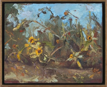 AMERICAN SCHOOL (Contemporary,), Sunflowers., Oil on canvas, 6.75" x 8.5". Framed 9" x 10.75".