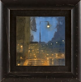 RYAN BLACK (Massachusetts, Contemporary), City at night., Wax and oil on board, 6" x 6". Framed