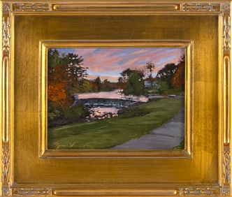 RYAN BLACK (Massachusetts, Contemporary), Sunset over a dam., Oil on canvas board, 6" x 8". Framed