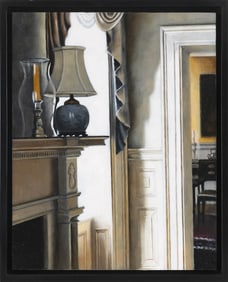NICK PATTEN (New York/Massachusetts, 1953-), Interior scene with fireplace mantel., Oil on panel,