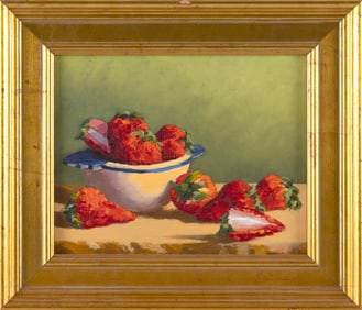 JAN MESSIER (Massachusetts, 1949-), "Strawberries in a Quimper Bowl"., Oil on board, 8" x 10".