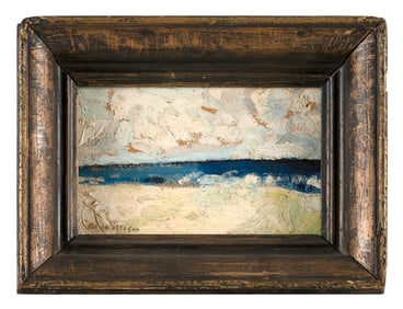 BARRY MOSER (Massachusetts/Tennessee, 1940-), "Beach"., Oil on board, 4.25" x 6.75". Framed 7" x