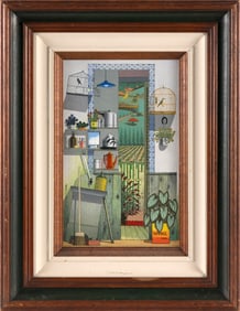 CHARLES DE WITTE (Brazil, 20th Century), Interior scene with cleaning supplies, plants caged birds,
