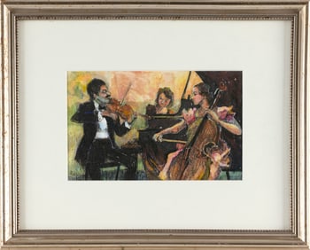 SELMA ALDEN (Massachusetts, Contemporary), Musical trio., Mixed media on paper, 5.5" x 8.5" sight.