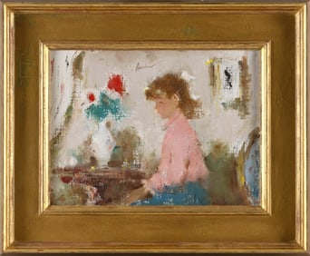 SAMUEL EDMUND OPPENHEIM (New York/Florida, 1901-1992), "Young Girl in Pink Blouse"., Oil on canvas,