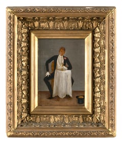 AMERICAN SCHOOL (Early 20th Century,), "Solitary Diner"., Oil on panel, 5.5" x 4". Framed 10" x