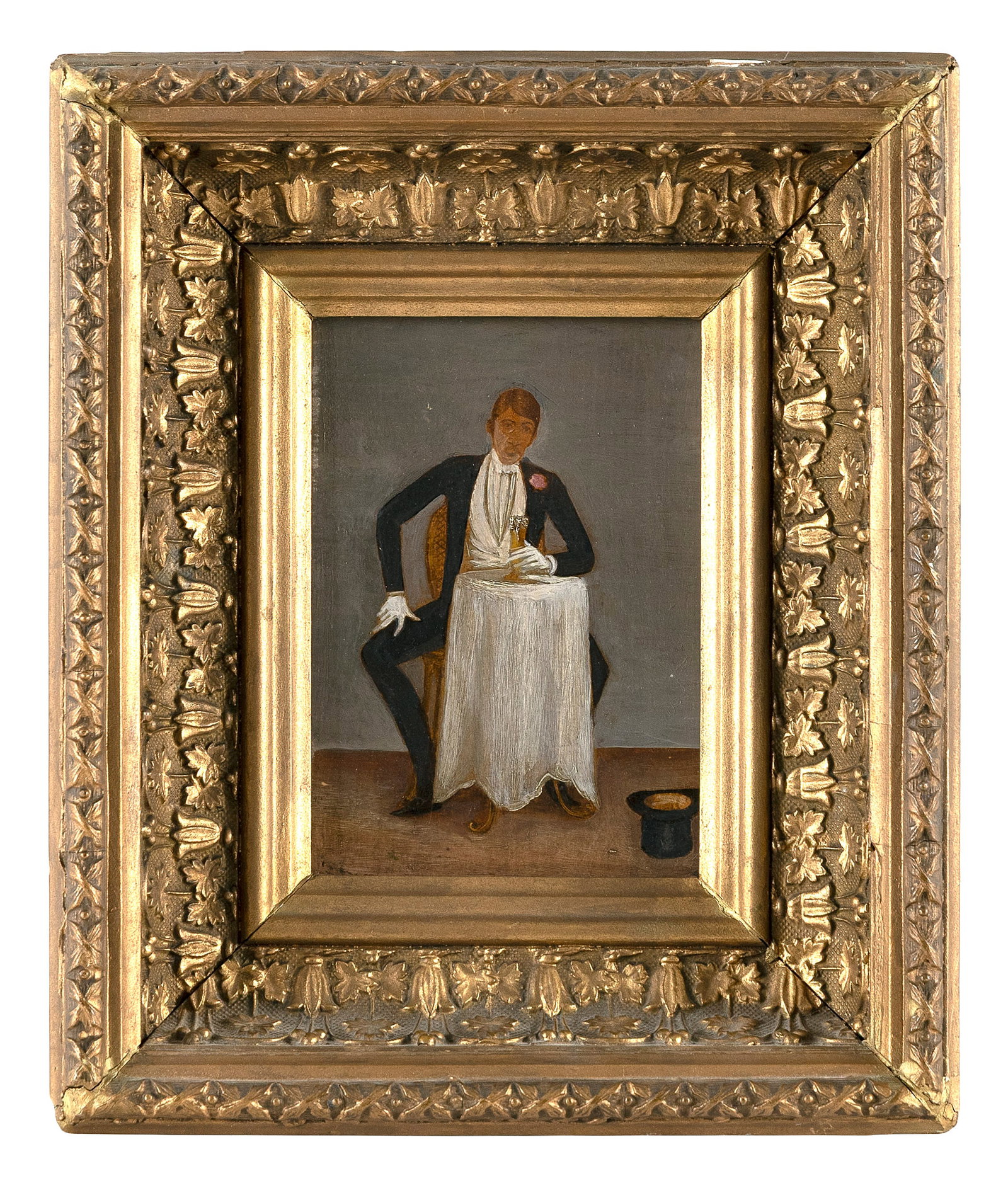 AMERICAN SCHOOL (Early 20th Century,), "Solitary Diner"., Oil on panel, 5.5" x 4". Framed 10" x: AMERICAN SCHOOL Early 20th Century "Solitary Diner". No signature noted. Titled and dated circa 1915 verso. Oil on panel, 5.5" x 4". Framed 10" x 8.5".