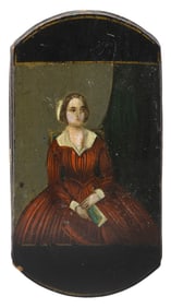 PORTRAIT OF A WOMAN PAINTED ON A LEATHER AND PAPIER-M?CH? EYEGLASSES CASE 19th Century Length 5.5".