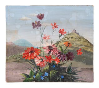 ENGLISH SCHOOL (20th Century,), Landscape with flowers in the foreground and a castle on a hill in