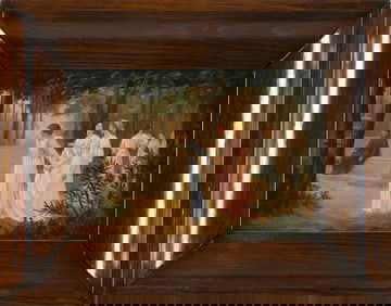 AMERICAN SCHOOL (19th Century,), Classical landscape with maidens and a friar in a forest., Oil on