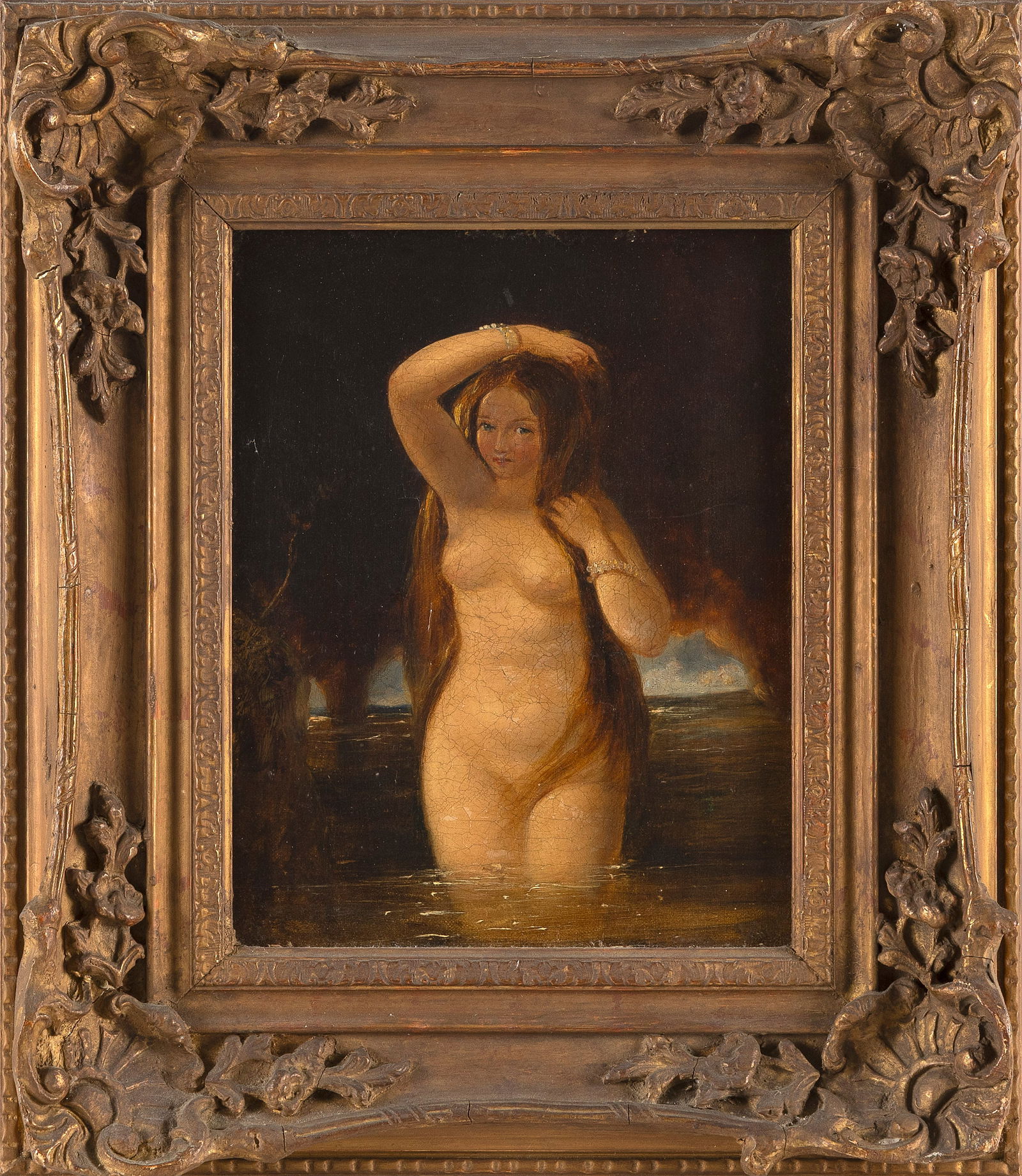 CONTINENTAL SCHOOL (Early to Mid-19th Century,), Portrait of a nude in a grotto., Oil on canvas, 10": CONTINENTAL SCHOOLEarly to Mid-19th CenturyPortrait of a nude in a grotto. Unsigned.Oil on canvas, 10" x 8". Framed 15.5" x 13.5". Provenance:The Estate of Harold Smalley, Osterville, Massachusetts