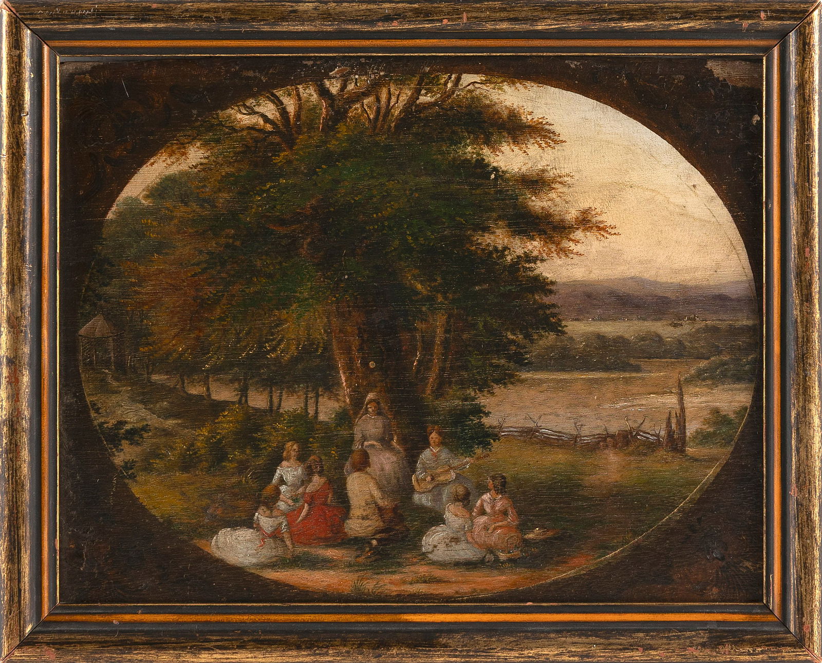 AMERICAN OR BRITISH SCHOOL (First Half of the 19th Century,), Scene of a music lesson, Oil on walnut: AMERICAN OR BRITISH SCHOOLFirst Half of the 19th CenturyScene of a music lesson, contained within an oval reserve. Decorative swags at corners. Unsigned.Oil on walnut panel, 8" x 10". Framed 9.5" x 12