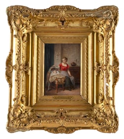 LEON EMILE CAILLE (France, 1836-1907), Mother tending to a baby in a cradle., Oil on panel, 6" x