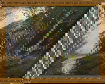 ATTRIBUTED TO WILLIAM JURIAN KAULA (Massachusetts, 1871-1953), Birches., Oil on board, 6" x 7.5".