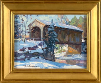 MICHAEL GRAVES (Massachusetts, 1952-), "Vermont Covered Bridge"., Oil on canvas, 9" x 12". Framed