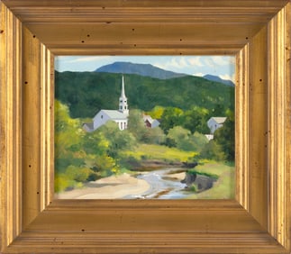 KATHLEEN KOLB (Vermont/Ohio, 1954-), "Stowe Church, Little River"., Oil on masonite, 8" x 10".