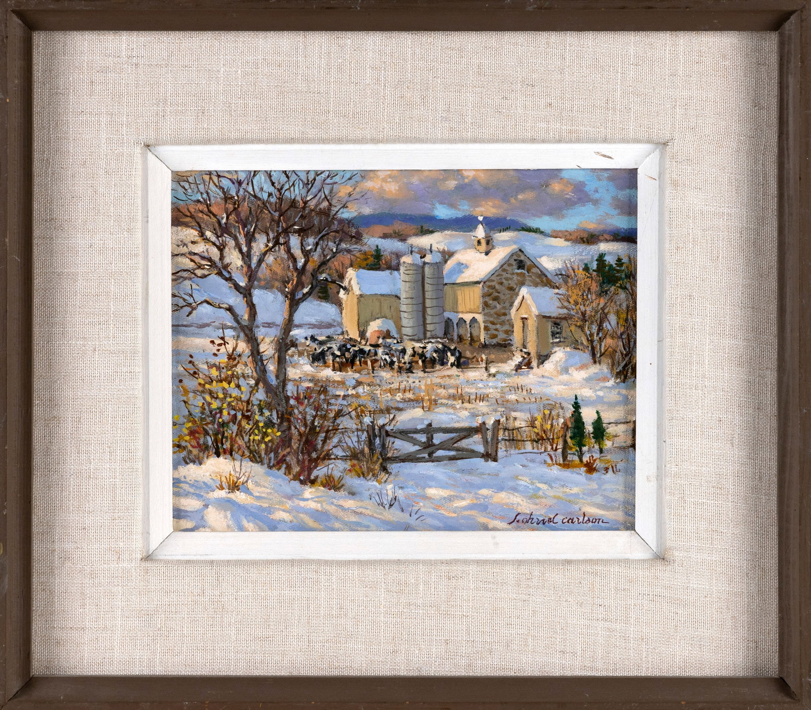 SVEN OHRVEL CARLSON (Massachusetts/New York, 1911-2006), "Pennsylvania Farm"., Oil on board, 8" x: SVEN OHRVEL CARLSON Massachusetts/New York, 1911-2006 "Pennsylvania Farm". Signed lower right "S. Ohrvel Carlson". Titled on label verso. Oil on board, 8" x 10". Framed 14" x 16". Exhibited: Rockport 
