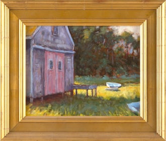 STEVE KENNEDY (Massachusetts/Maine, Contemporary), "Boathouse and Skiffs"., Oil on canvas board, 8"