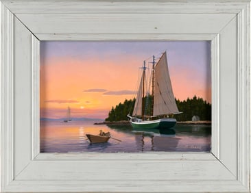 RAY CRANE (Massachusetts, Contemporary), "Quiet Cove"., Oil on canvas, 6" x 9". Framed 9.5" x 12.5".