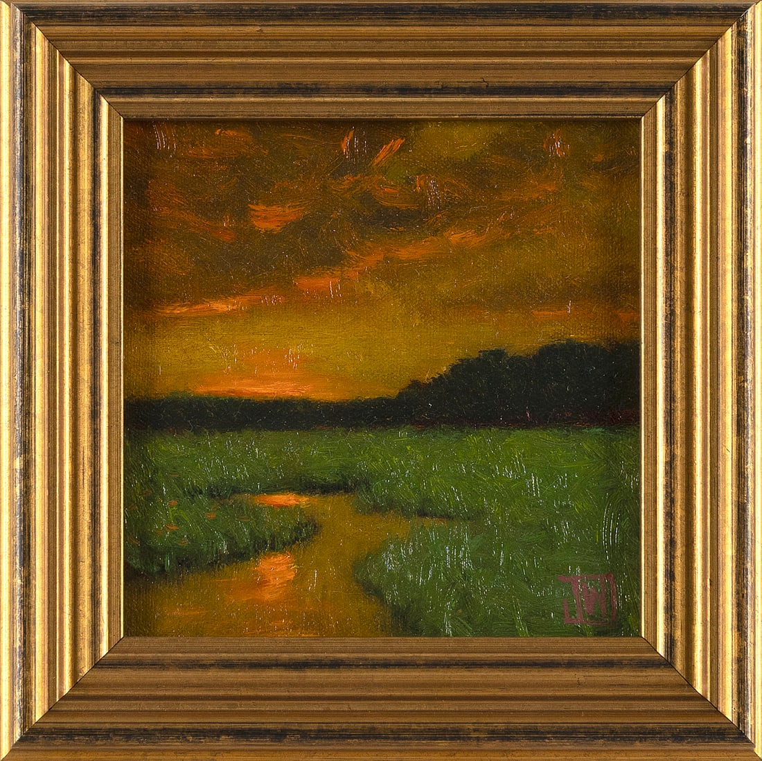 JOE WOJDAKOWSKI (Maine, 1972-), "Dusk Sunset"., Oil on canvas board, 6" x 6". Framed 8.25" x 8.25".: JOE WOJDAKOWSKI Maine, 1972- "Dusk Sunset". Signed lower right "JW". Titled verso. Oil on canvas board, 6" x 6". Framed 8.25" x 8.25".