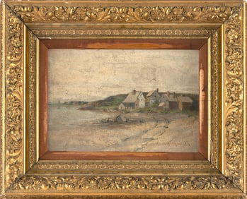 EDWARD A. PAGE (Massachusetts, 1850-1928), Houses on a cove., Oil on canvas, 9" x 13". Framed 17" x
