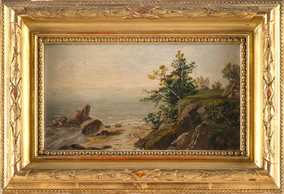 AMERICAN SCHOOL (19th Century,), Trees on a rocky coastline., Oil on board, 5.5" x 10". Framed 9" x