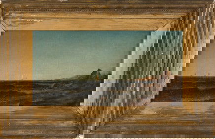 AMERICAN SCHOOL (19th Century,), Coastal scene with distant sailboats., Oil on artist board, 7" x