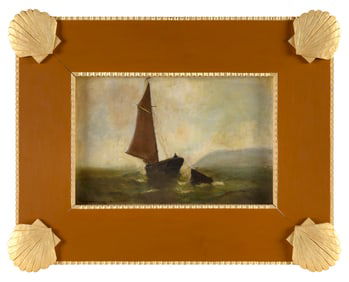 AMERICAN SCHOOL (Late 19th Century,), Sailboat towing a dory., Oil on academy panel, 9" x 13.5".