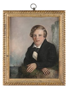 SMALL PORTRAIT OF A SEAFARING BOY Mid-19th Century Oil on canvas, 10" x 8". Framed 11.5" x 9.5".