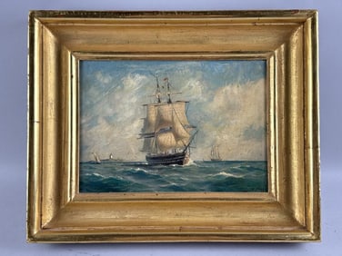 HERMAN HAGG (Sweden, 1884-1966), Ship under sail., Oil on board, 10" x 14". Framed 15.5" x 19.5".