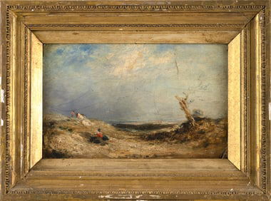 DUTCH LANDSCAPE 19th Century Oil on board, 7" x 11". Framed 12" x 16".