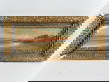 AMERICAN SCHOOL (Late 19th Century,), Sunset over a rocky coast., Oil on board, 6" x 20". Framed 11"