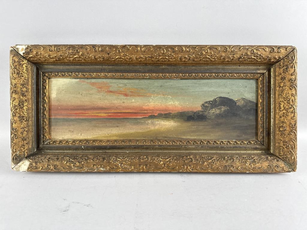 AMERICAN SCHOOL (Late 19th Century,), Sunset over a rocky coast., Oil on board, 6" x 20". Framed 11" (1 of 2)