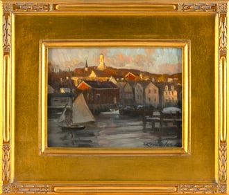 KENNETH KNOWLES (Massachusetts, 1968-), "First Light on Rockport Harbor"., Oil on board, 6" x 8".