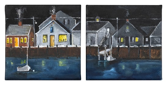 PETER ARMAND LAJOIE (Massachusetts, Contemporary), Diptych: Winter Harbor., Oils on canvas, 4" x 4".