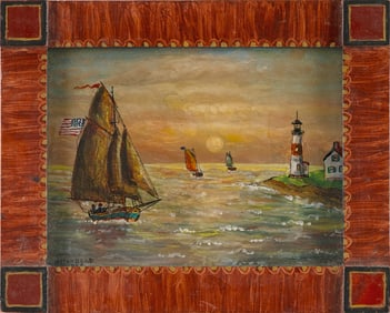 MILTON BOND (New York/Connecticut, 1918-2010), Boats sailing past a lighthouse., Reverse painting on