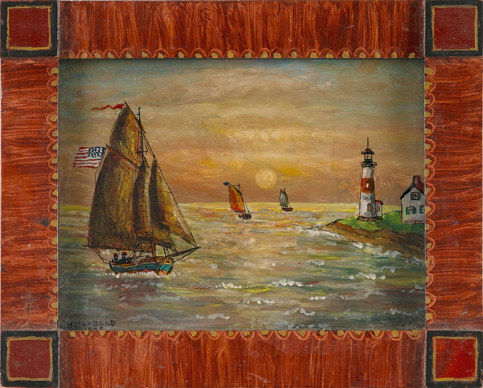 MILTON BOND (New York/Connecticut, 1918-2010), Boats sailing past a lighthouse., Reverse painting on (1 of 2)