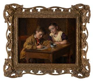 ATTRIBUTED TO WILLIAM HEMSLEY (United Kingdom, 1819-1906), "Children at School"., Oil on board, 7" x