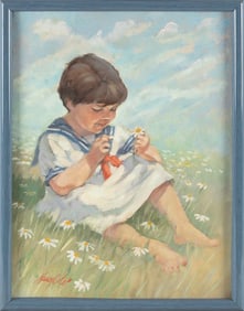 NANCY M. COLE (Massachusetts, 1930-2016), A young child picking daisies., Oil on artist panel,