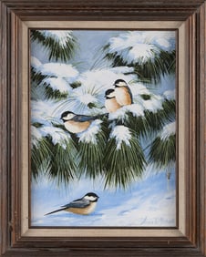JAMES W. MADDOCKS (Massachusetts, Contemporary), Black-capped chickadees in a snowy pine., Oil on