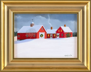 MARIELUISE HUTCHINSON (Massachusetts, 1947-), Fresh tracks leading to a red farmhouse decorated for