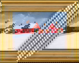 MARIELUISE HUTCHINSON (Massachusetts, 1947-), Fresh tracks leading to a red farmhouse decorated for