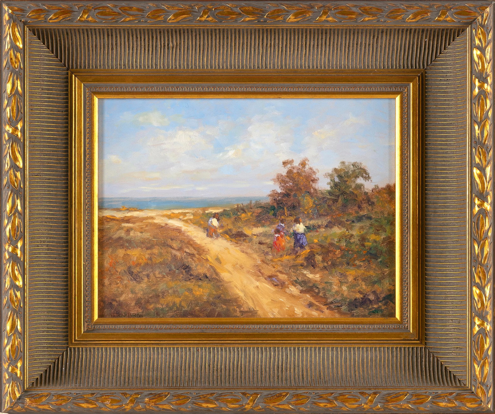 VERNON GEORGE BROE (Maine/Illinois, 1930-2011), Figures on a path to the sea., Oil on board, 9" x: VERNON GEORGE BROE Maine/Illinois, 1930-2011 Figures on a path to the sea. Signed lower left. Oil on board, 9" x 12". Framed 15.5" x 19.5".
