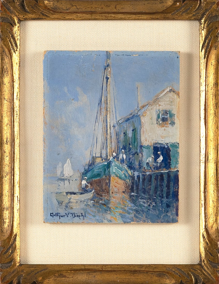 ARTHUR VIDAL DIEHL (Massachusetts/New York/England, 1870-1929), Provincetown wharf., Oil on board,: ARTHUR VIDAL DIEHL Massachusetts/New York/England, 1870-1929 Provincetown wharf. Signed lower left "Arthur V. Diehl". Oil on board, 5" x 4". Framed 8.25" x 6.25".